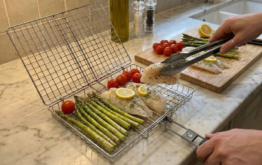 Fyller grillkurven med ferske råvarer