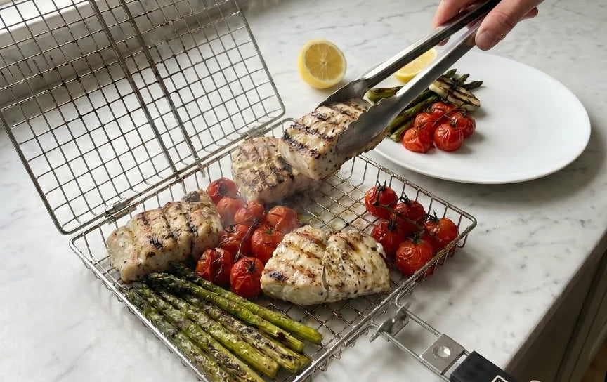 Serverer grillede grønnsaker fra kurven