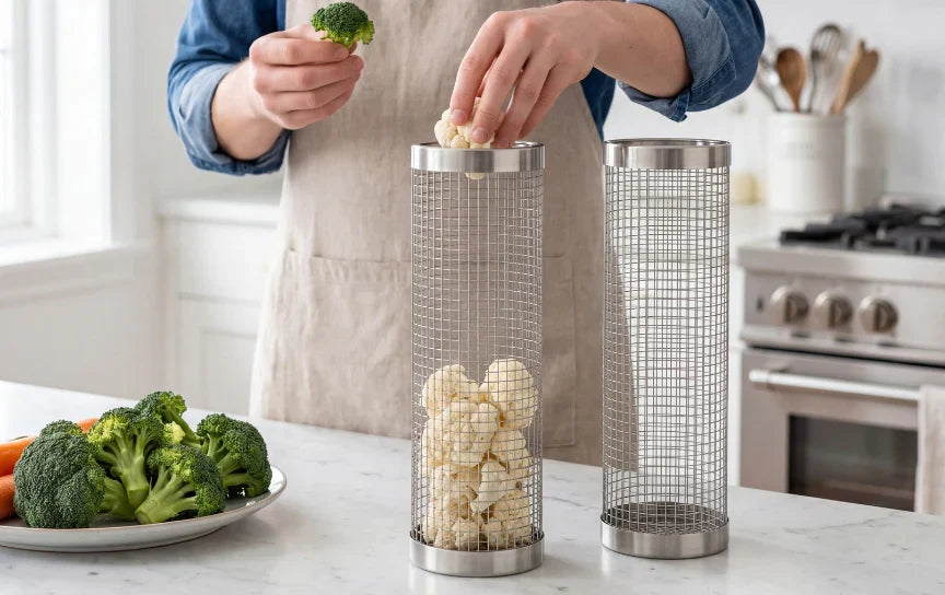Fyller grillkurven med ferske råvarer