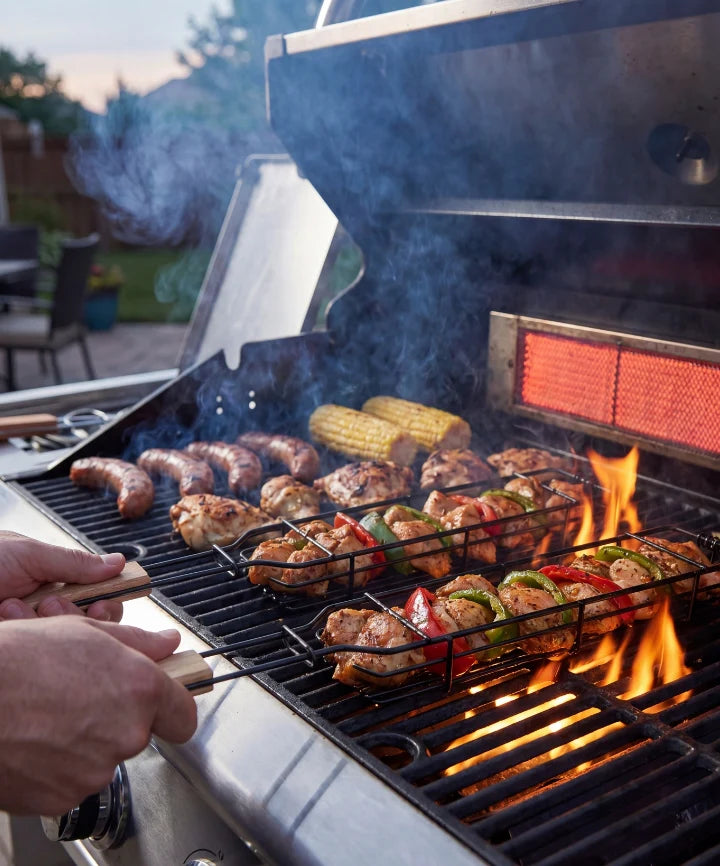 Grillkurv som griller mat på grillen